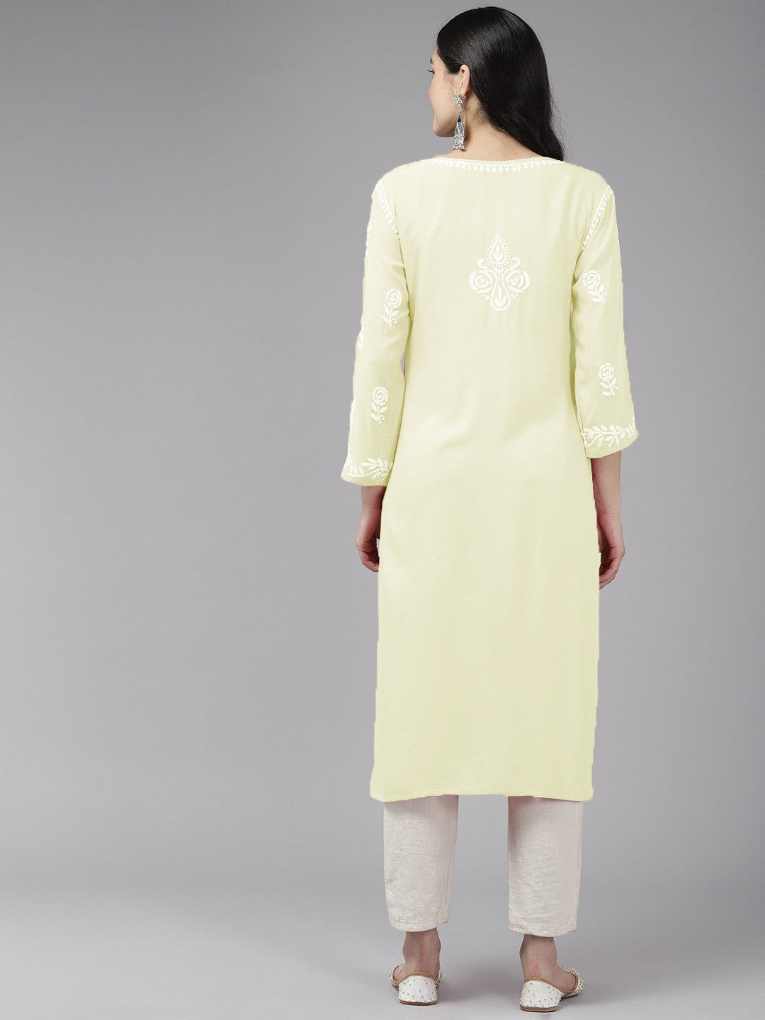 Ada Hand Embroidered Lemon Rayon Lucknowi Chikankari Straight Kurta A411452