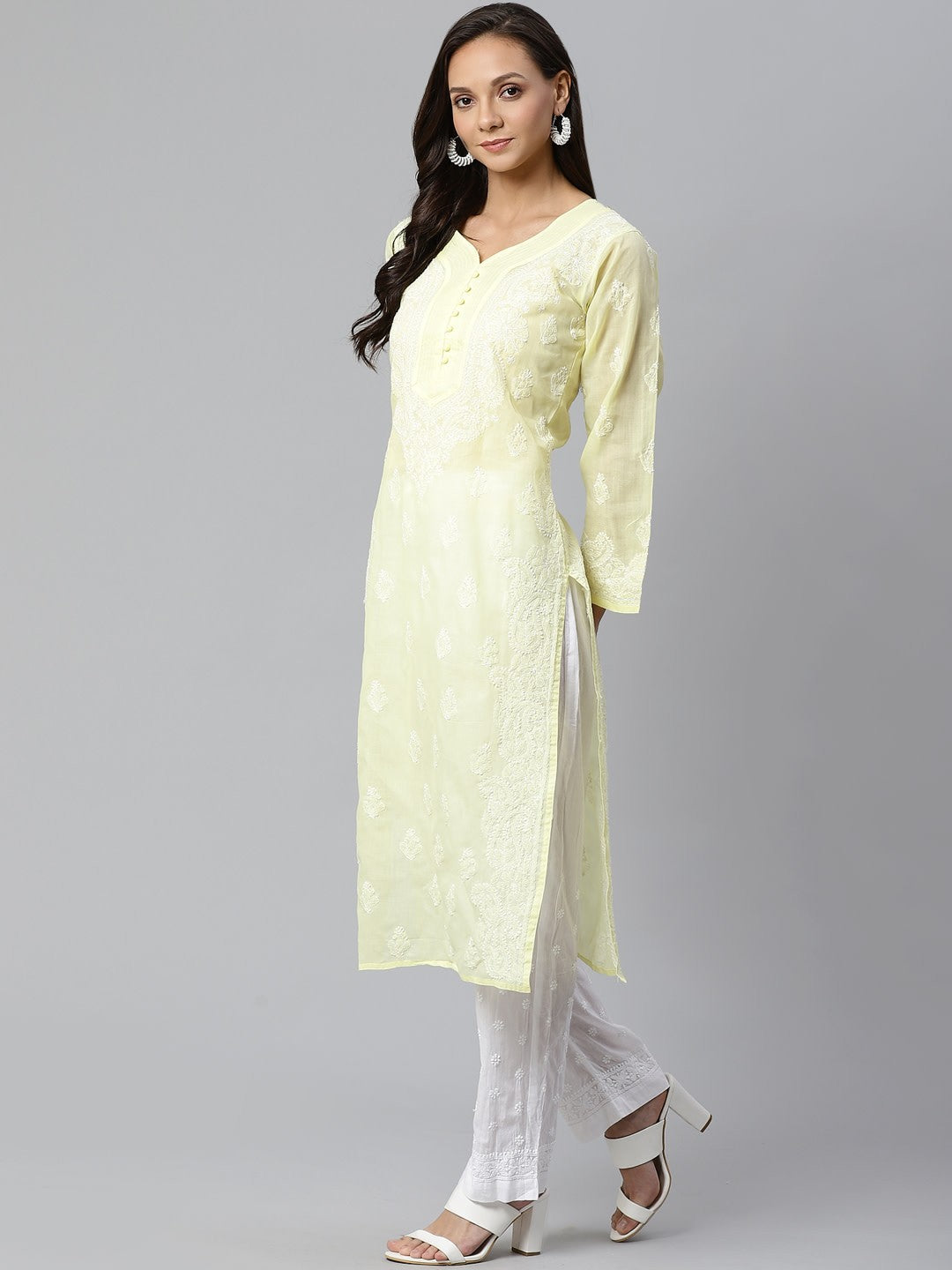Ada Hand Embroidered Lemon Cotton Lucknowi Chikankari Kurta with Trouser Set A100396