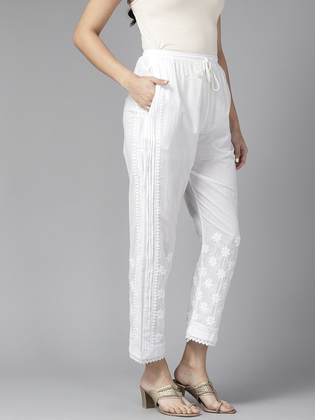 Ada Hand Embroidered White Cotton Lucknowi Chikankari Pant A711172