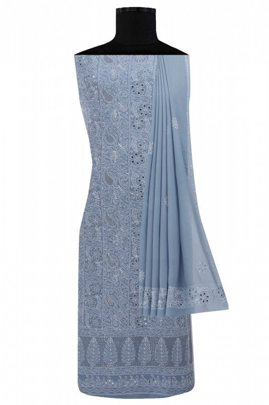 Ada Hand Embroidered Aegean Blue Pure Georgette Lucknowi Chikan Unstitched Kurta Dupatta With Muqaish Work- A608012