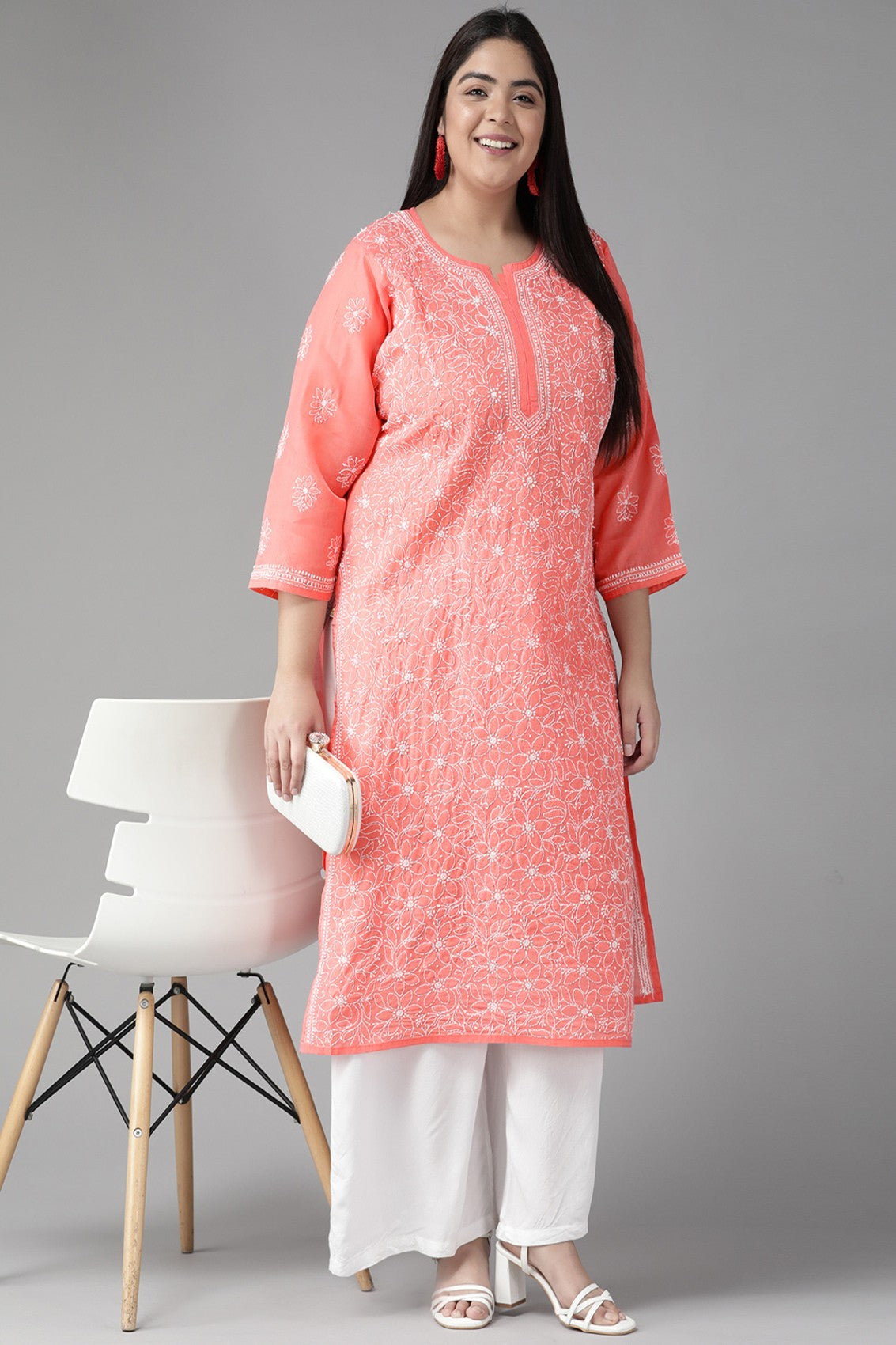 Ada Hand Embroidered Carrot Pink Cotton Lucknowi Chikankari Straight Kurta A411210