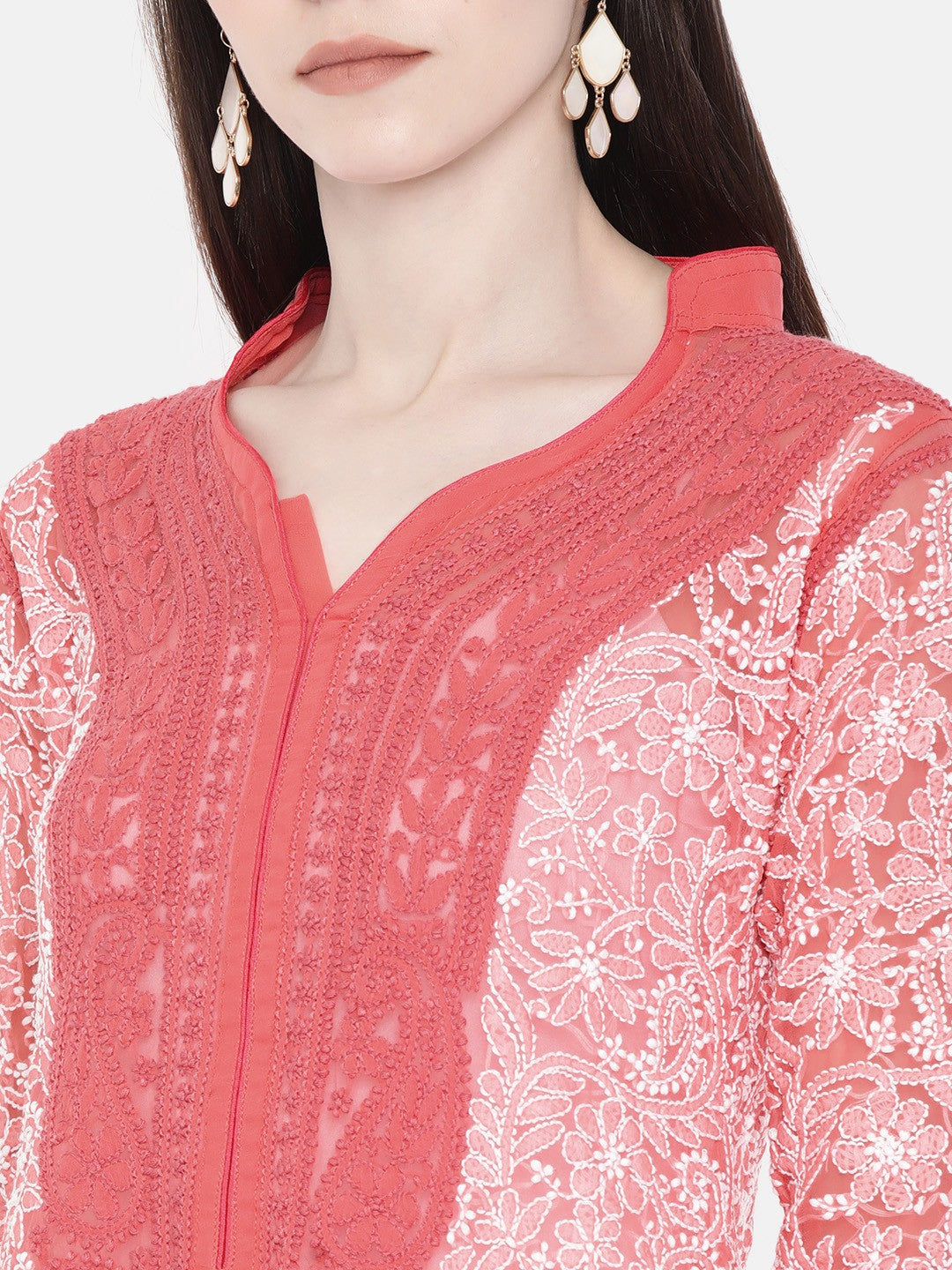 Ada Hand Embroidered Carrot Pink Georgette Lucknowi Chikankari straight Kurta-A468333