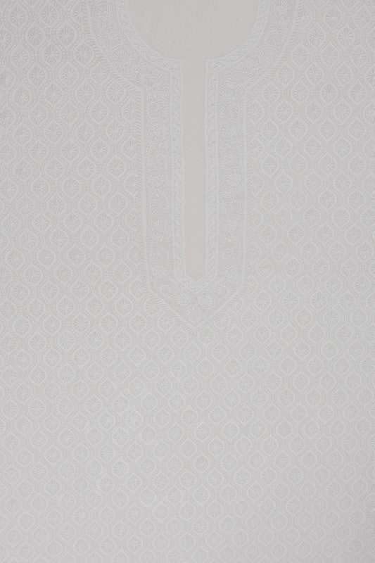 Ada Hand Embroidered White Pure Georgette Lucknowi Chikan Unstitched Men's Kurta Piece A462751