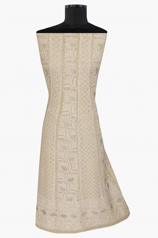 Ada Hand Embroidered Pale Yellow Pure Georgette Semi-stitched Anarkali Kurta Dupatta With Pearl Work - A468460