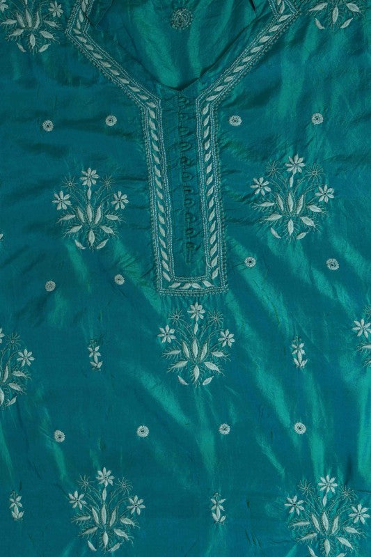 Ada Hand Embroidered Teal Blue Tusser Silk Lucknowi Chikan Semi-Stitched Kurta Piece - A631956