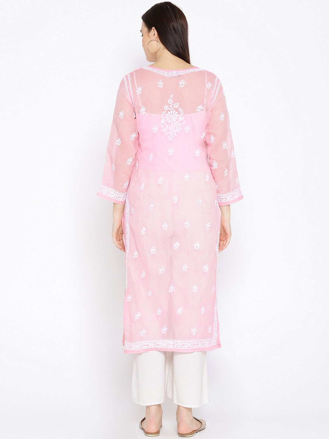 Ada Hand Embroidered Pink Kota Lucknowi Chikankari Straight Kurta With Slip A100118