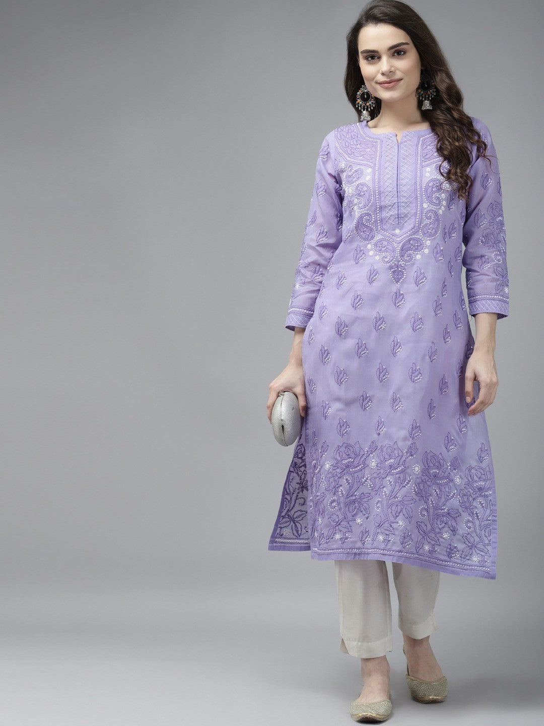 Ada Hand Embroidered Mauve Cotton Lucknowi Chikankari Straight Kurta A223893