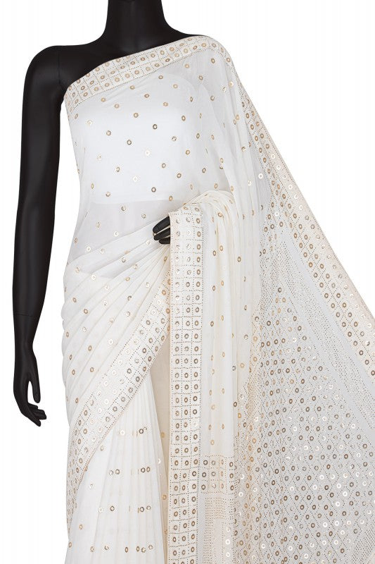 Ada Hand Embroidered White Pure Georgette Lucknowi Chikankari Saree /Blouse With Muqaish Work- A621525