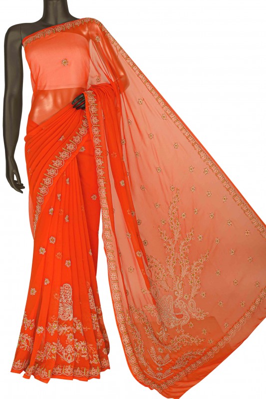 Ada Hand Embroidered Salamander Orange Georgette Lucknowi Chikankari Saree with Blouse A284586
