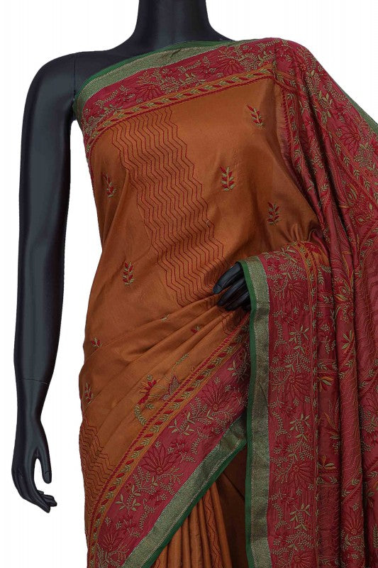 Ada Hand Embroidered Maroon Silk Lucknowi Chikankari Saree With Blouse A523297