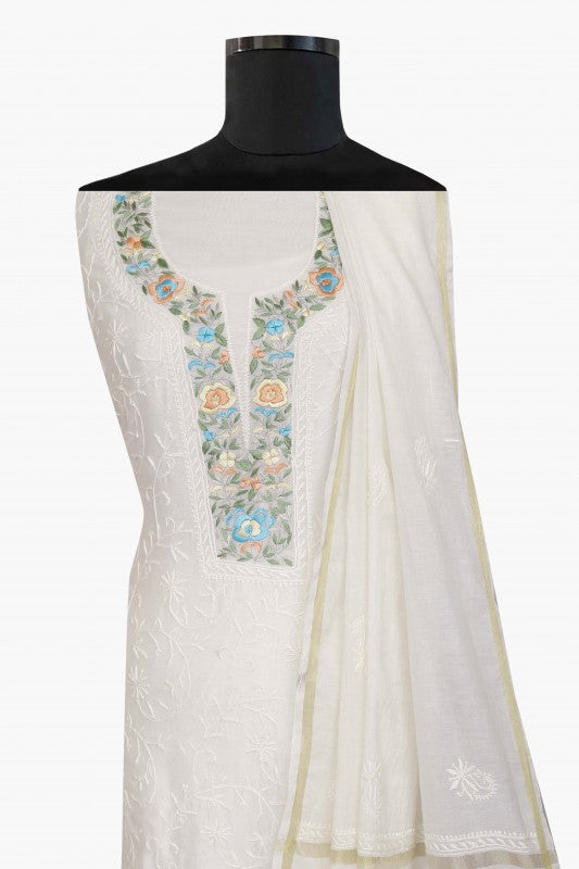 Ada Hand Embroidered Off White Chanderi Lucknowi Chikan Unstitched Kurta Dupatta–A610362