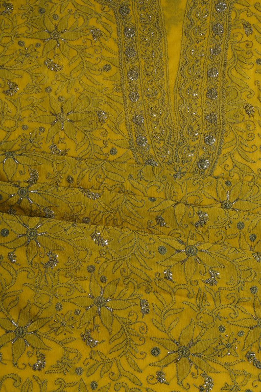 Ada Hand Embroidered Mustard Chiffon Lucknowi Chikan Unstitched Kurta Dupatta Set With Muqaish Work  A489066