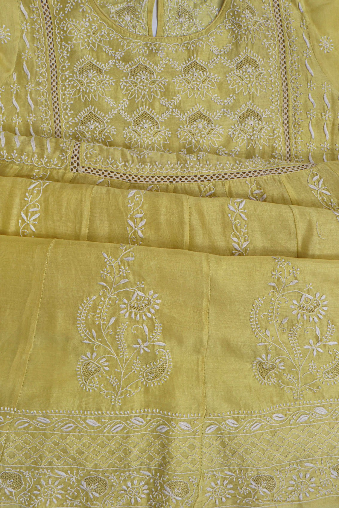 Ada Hand Embroidered Lemon Chanderi Lucknowi Chikankari Semi-Stitched Anarkali Kurta Dupatta Set With Zari Work 01A229767