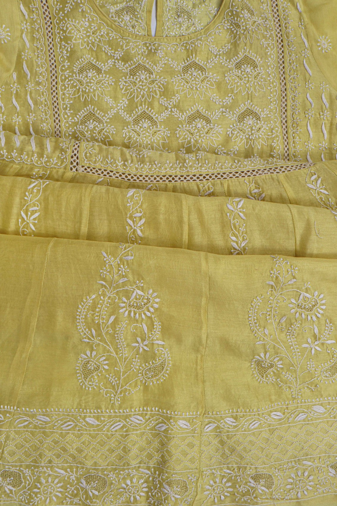 Ada Hand Embroidered Lemon Chanderi Lucknowi Chikankari Semi-Stitched Anarkali Kurta Dupatta Set With Zari Work 01A229767