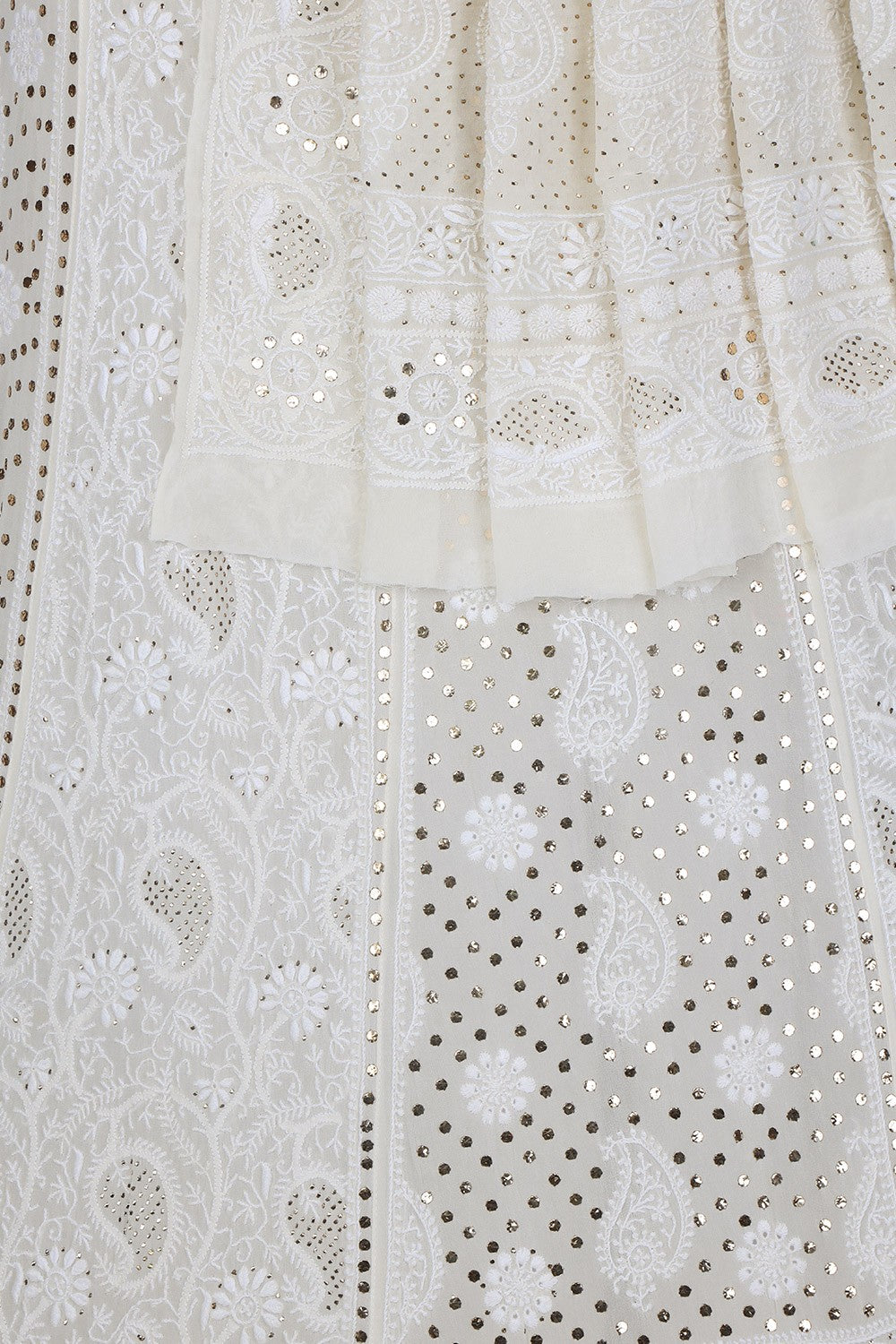 Ada Hand Embroidered White Pure Georgette Lucknowi Chikankari Lehenga Set With Muqaish Work– A617821