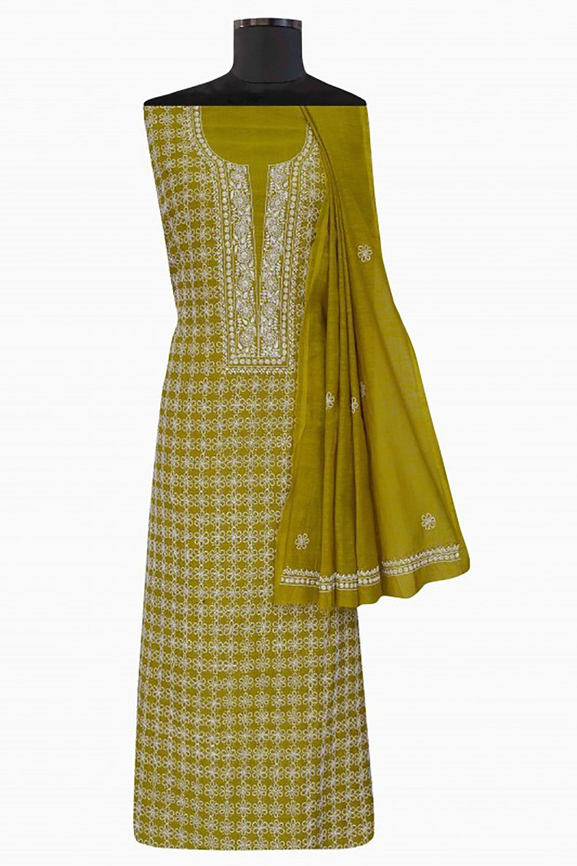 Ada Hand Embroidered Olive Green Khadi Chikankari Unstitched Suit Piece With Muqaish Work A454744