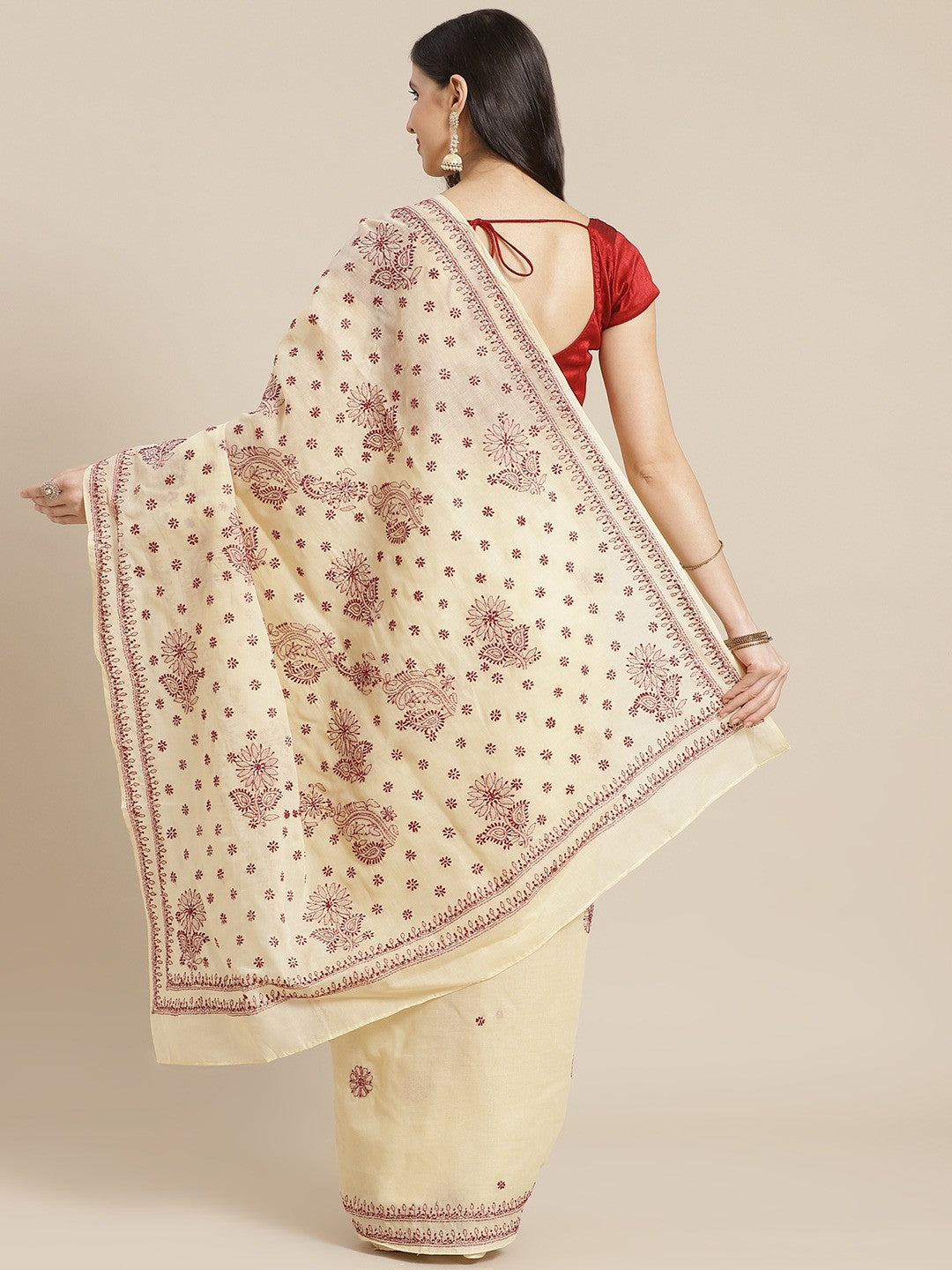 Ada Hand Embroidered Beige Cotton Lucknow Chikan Saree With Blouse A311285