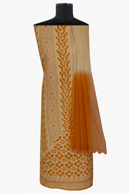 Ada Hand Embroidered Fawn Cotton Chikan Unstitched Suit Piece With Muqaish Work A619250