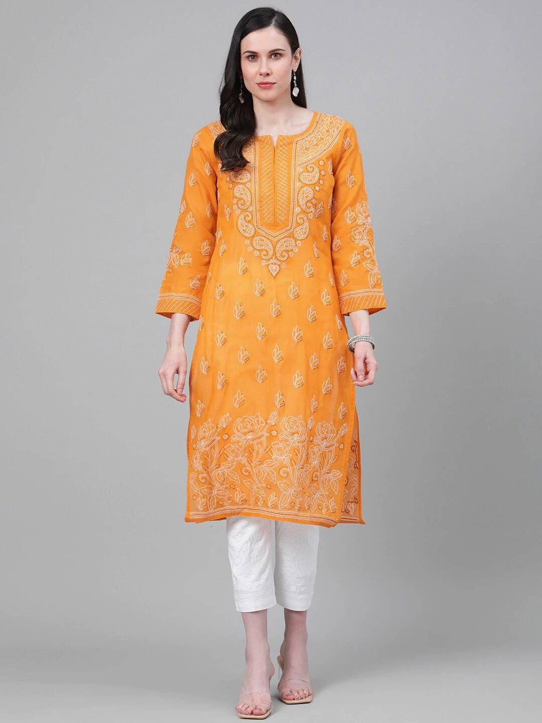 Ada Hand Embroidered Mustard Cotton Lucknowi Chikankari Straight Kurta With Trouser Set A811152