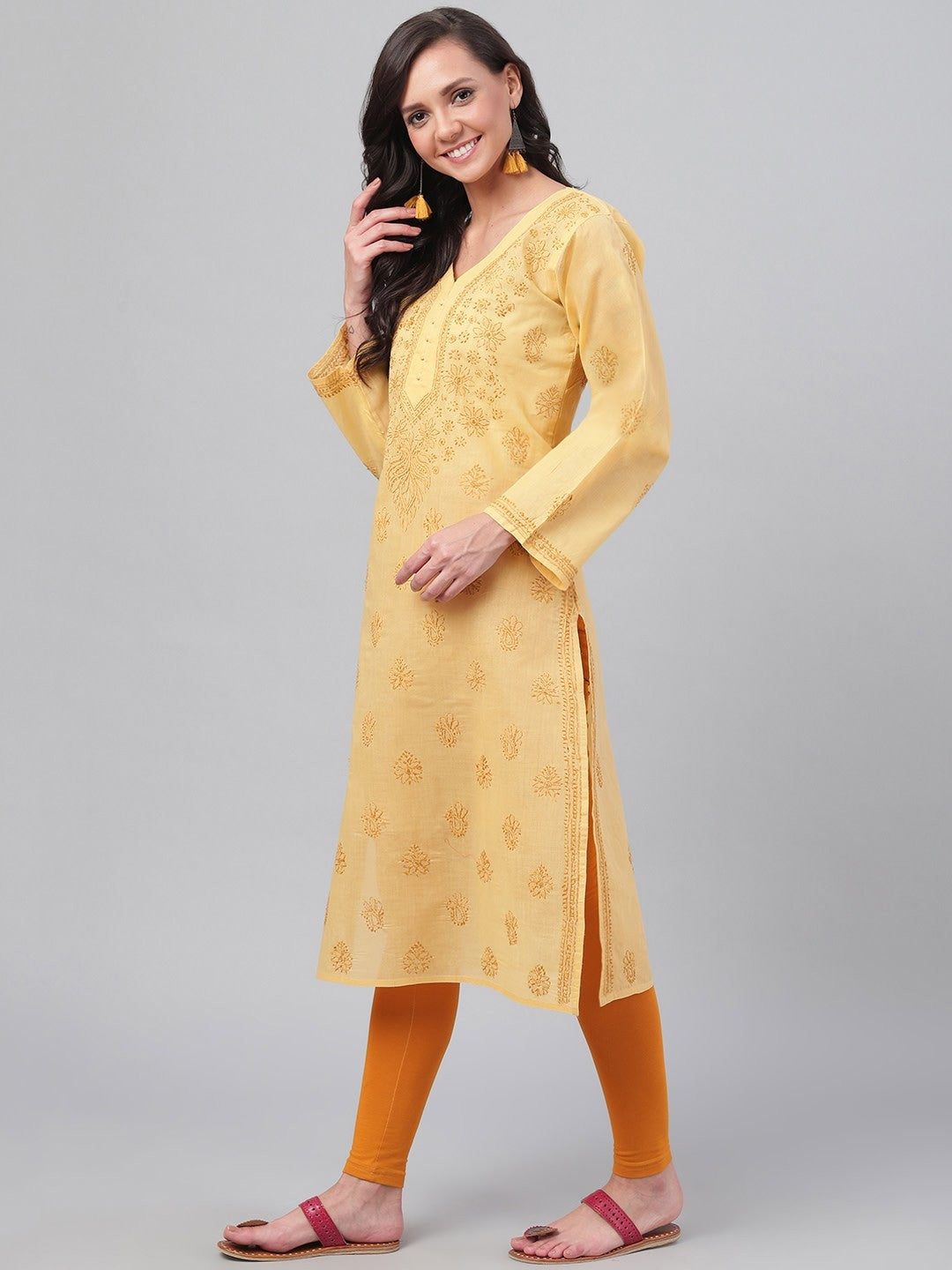 Ada Hand Embroidered Fawn Cotton Lucknowi Chikankari Straight Kurta A231417