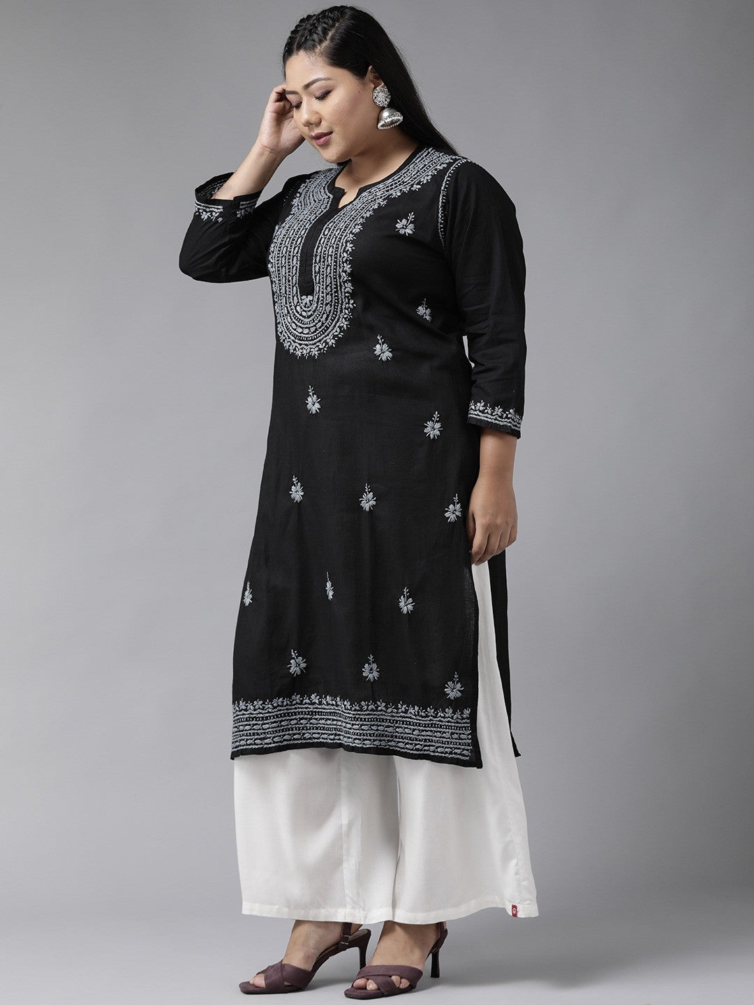 Ada Hand Embroidered Black Cotton Lucknowi Chikankari Kurta A396432