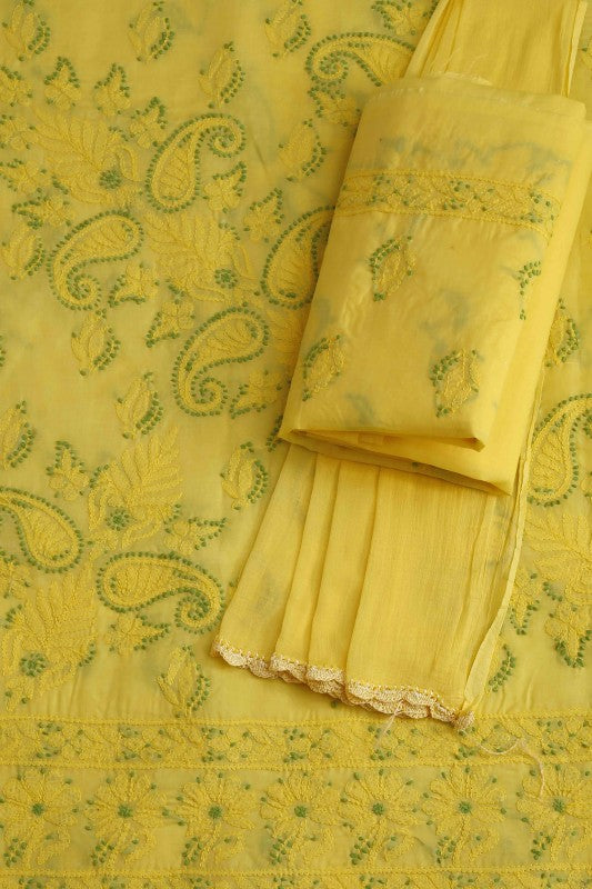 Ada Hand Embroidered Yellow Cotton Lucknowi Chikan Unstitched Suit Piece–A100156