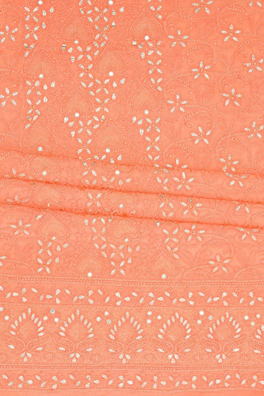 Ada Hand Embroidered Peach Georgette Chikan Unstitched Kurta Piece with Gota Patti Work A545635