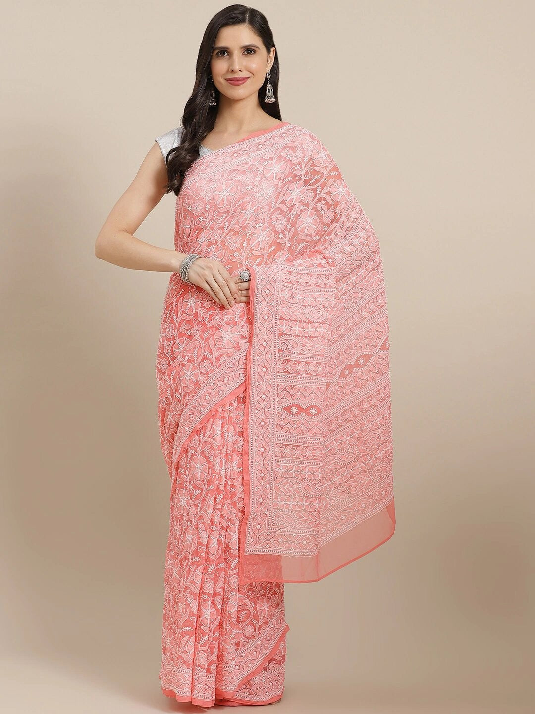 Ada Hand Embroidered Peach Georgette Lucknow Chikan Saree With Blouse-A311306