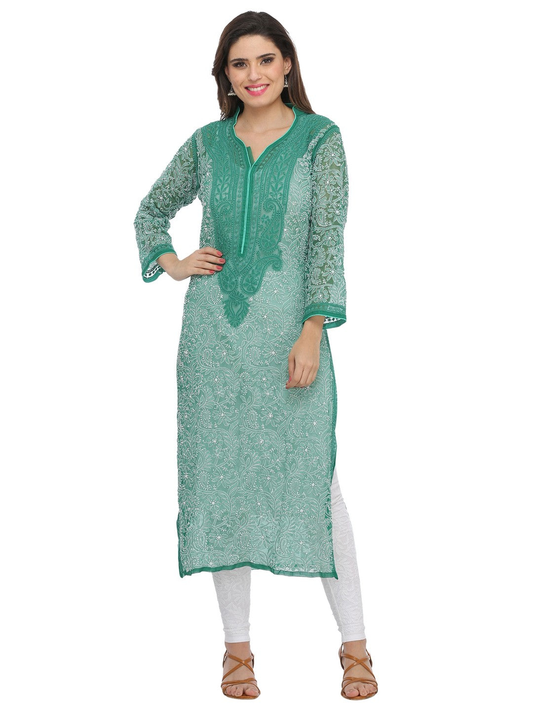 Ada Hand Embroidered Green Georgette Lucknowi Chikankari Straight Kurta A274243