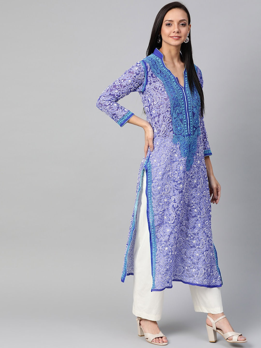 Ada Hand Embroidered Royal Blue Faux Georgette Lucknowi Chikankari Kurta A100465