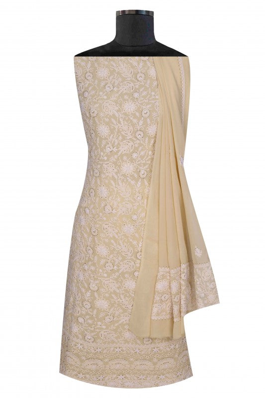 Ada Hand Embroidered Fawn Georgette Unstitched Kurta Dupatta Set With Muqaish Work A336178