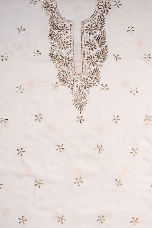 Ada Hand Embroidered White Chanderi Lucknowi Chikankari Unstitched Kurta Dupatta Set With Muqaish Work 01A40918