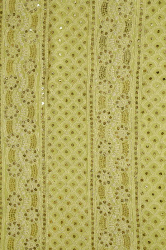 Ada Hand Embroidered Lime Green Pure Georgette Lucknowi Chikan Unstitched Kurta-Dupatta set With Muqaish Work–A532931