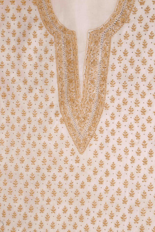Ada Hand Embroidered Off White Organza Lucknowi Chikan Unstitched Kurta Dupatta Set with Muqaish Work - A559952