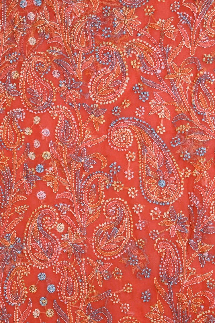 Ada Hand Embroidered Carrot Pink Georgette Lucknowi Chikankari Unstitched Suit Piece A211177