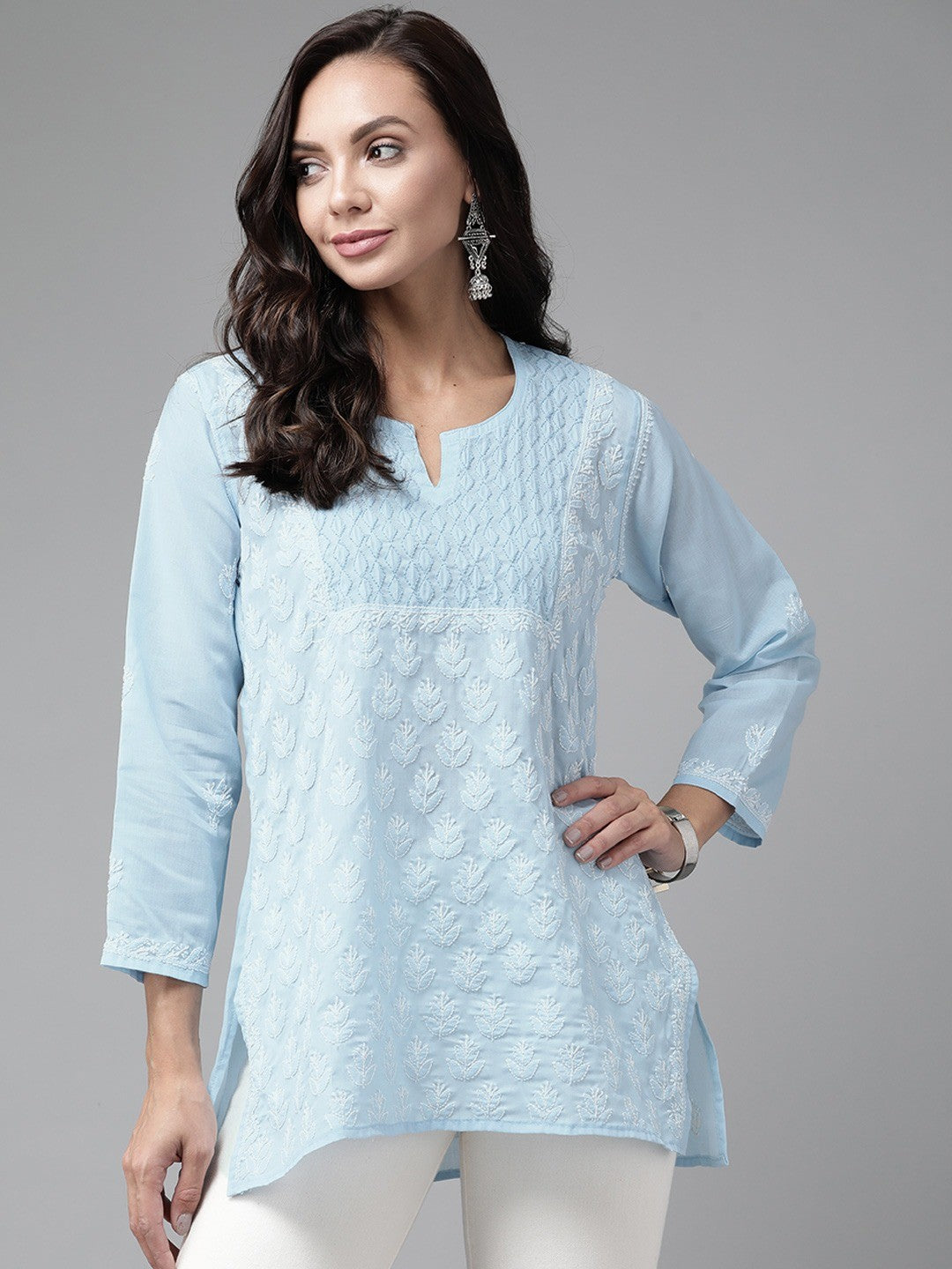 Ada Hand Embroidered Sky Blue Cotton Lucknowi Chikankari Short Kurti A911217