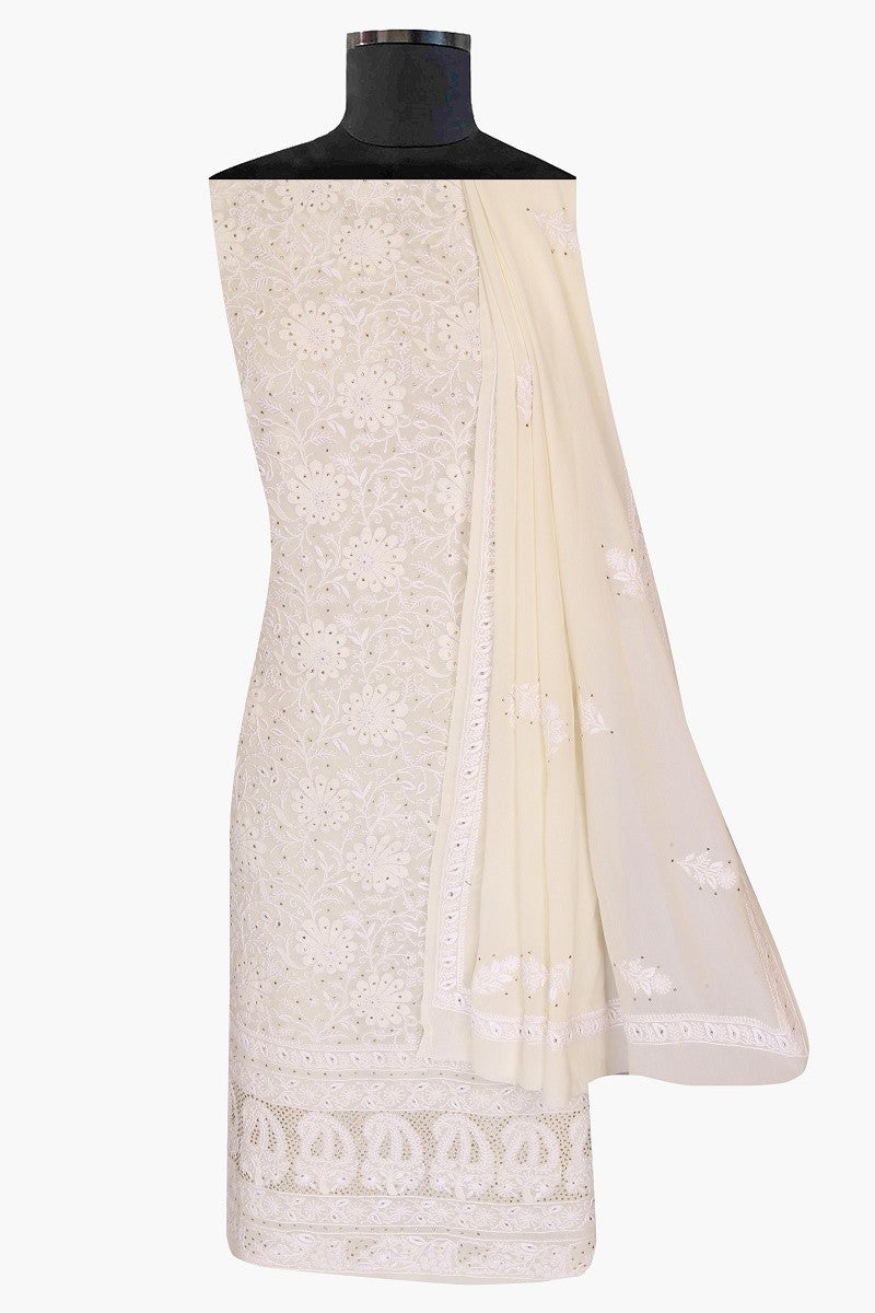 Ada Hand Embroidered White Pure Georgette Lucknowi Chikan Unstitched Kurta Dupatta Set With Muqaish Work-A610887