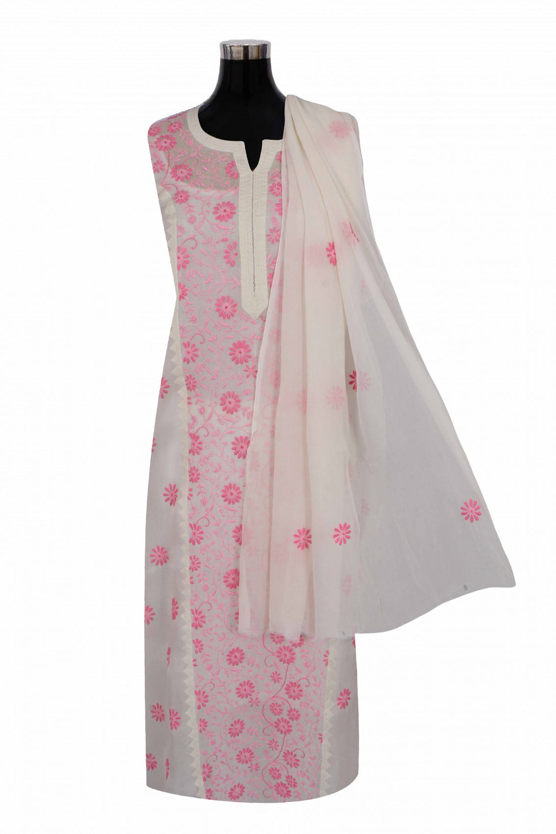 Ada Hand Embroidered Cream Organza Lucknowi Chikankari Unstitched Kurta Dupatta Set 01A264423
