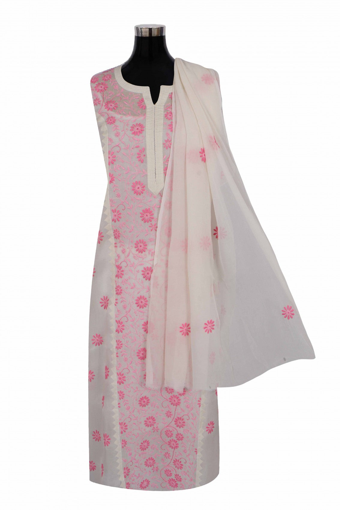 Ada Hand Embroidered Cream Organza Lucknowi Chikankari Unstitched Kurta Dupatta Set 01A264423