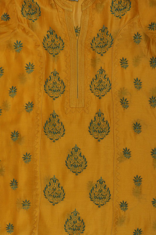Ada Hand Embroidered Bright Yellow Chanderi Lucknowi Chikankari Unstitched Kurta Dupatta Set A320092