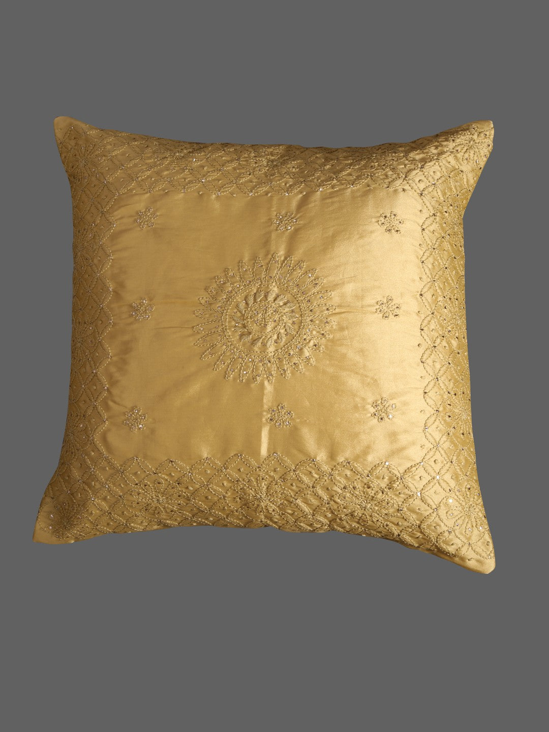 Ada Hand Embroidered Fawn Chanderi Lucknow Chikankari Cushion Cover with Muqaish Work 01A134565