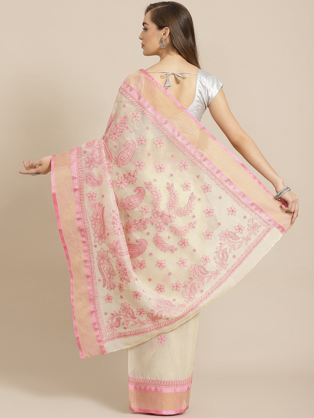 Ada Hand Embroidered Fawn Kota Lucknow Chikan Saree With Blouse A311263