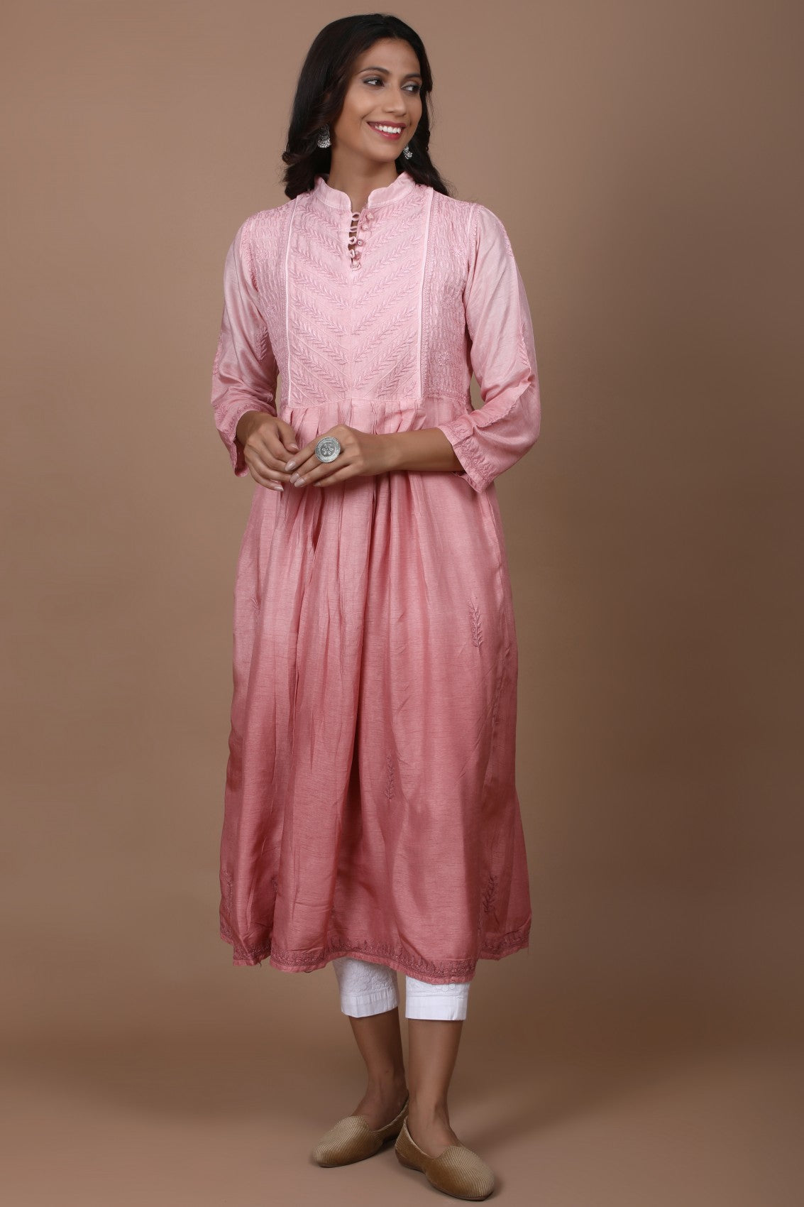 Ada Hand Embroidered Dusty Peach Chanderi Lucknowi Chikankari A-Line Kurta 01A278816