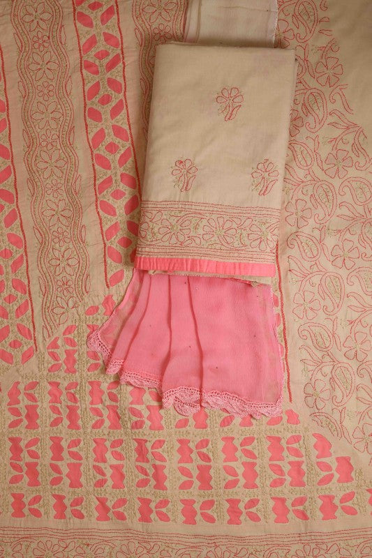 Ada Hand Embroidered Fawn Cotton Lucknowi Chikan Unstitched Suit Piece A619249