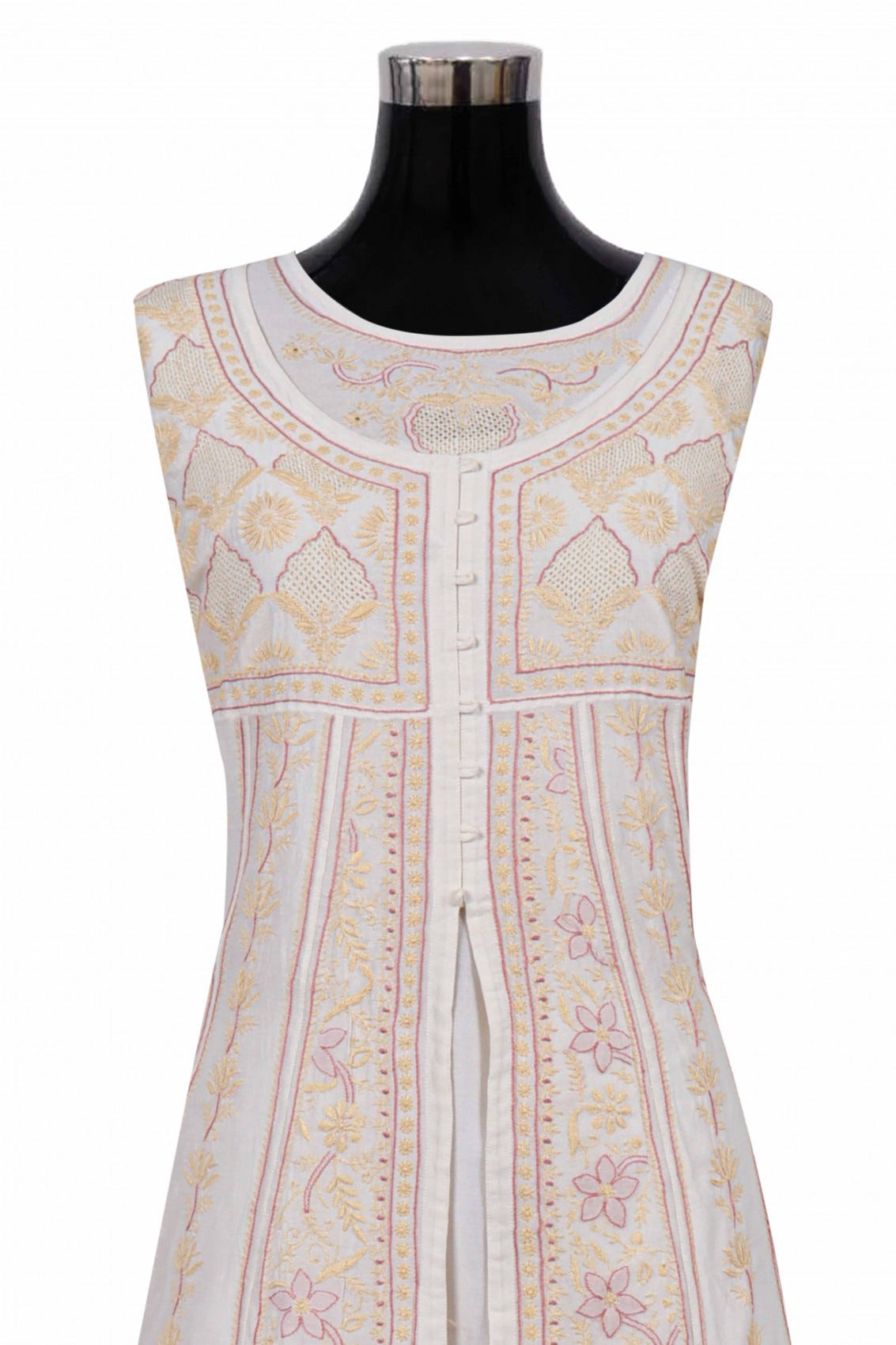 Ada Hand Embroidered Cream Chanderi Lucknowi Chikankari Semi-Stitched Anarkali Kurta Dupatta Set 01A223202