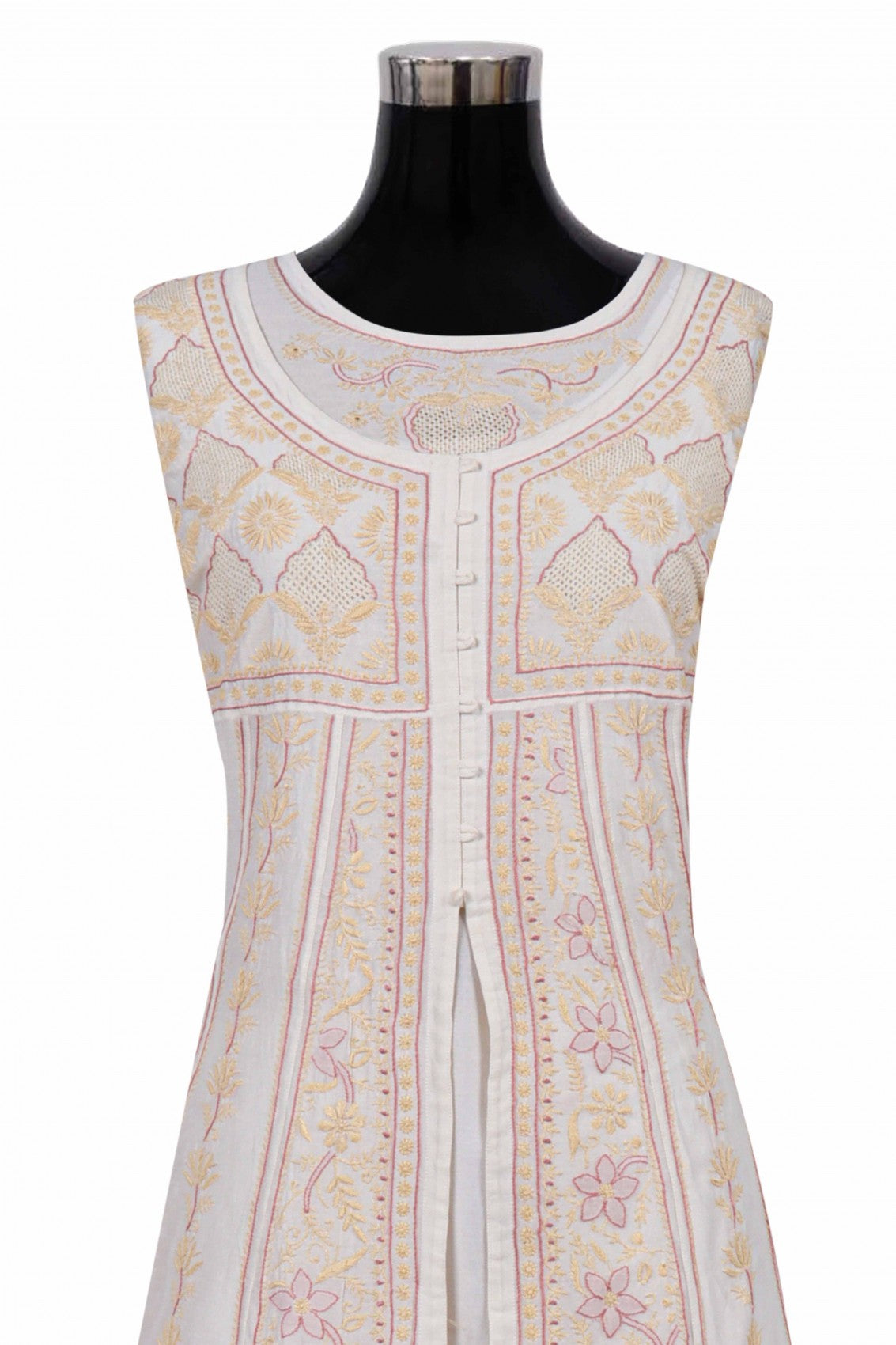 Ada Hand Embroidered Cream Chanderi Lucknowi Chikankari Semi-Stitched Anarkali Kurta Dupatta Set 01A223202