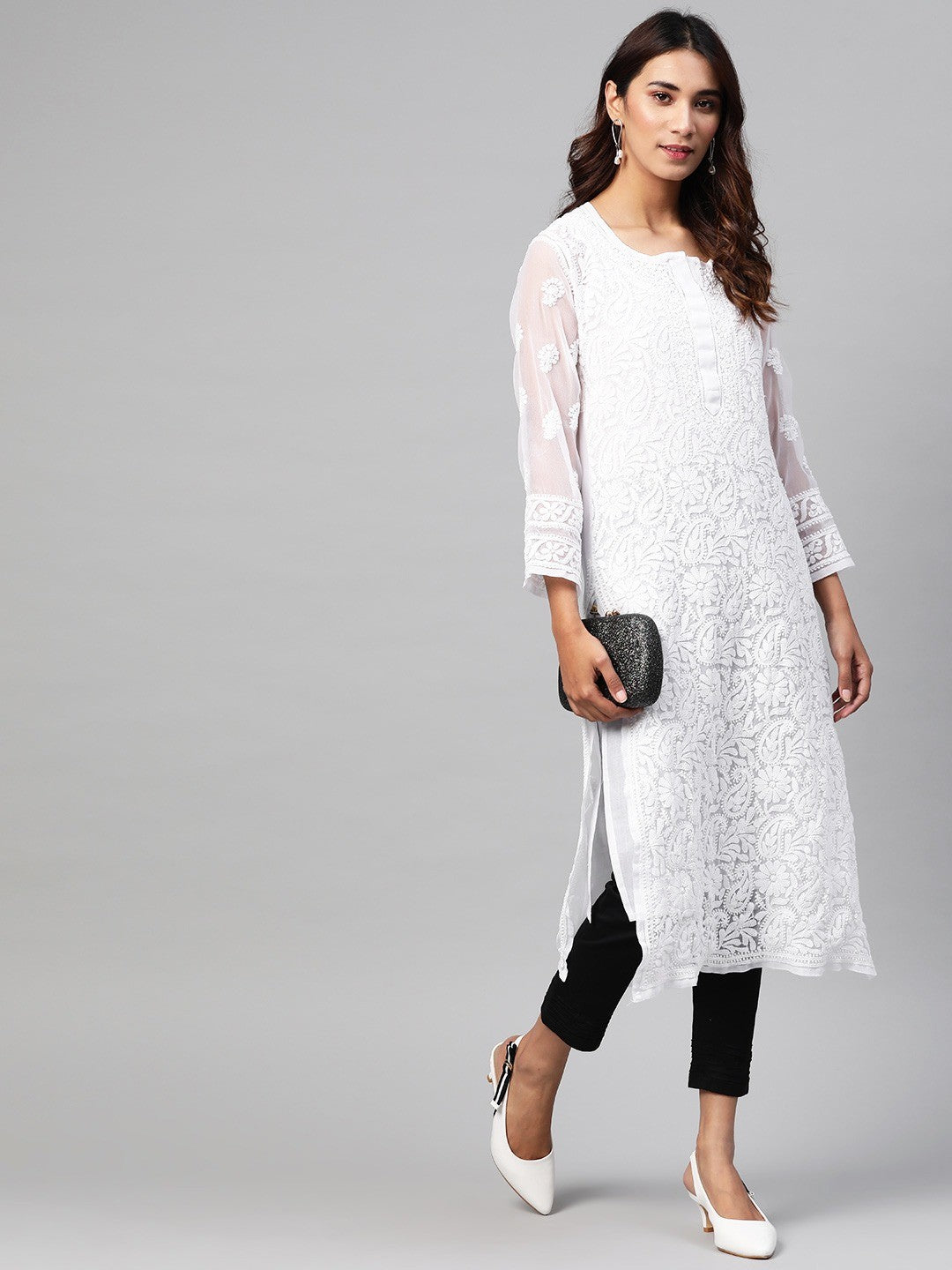 Ada Hand Embroidered White Georgette Lucknowi Chikankari Straight Kurta & Trouser Set With Slip A811160