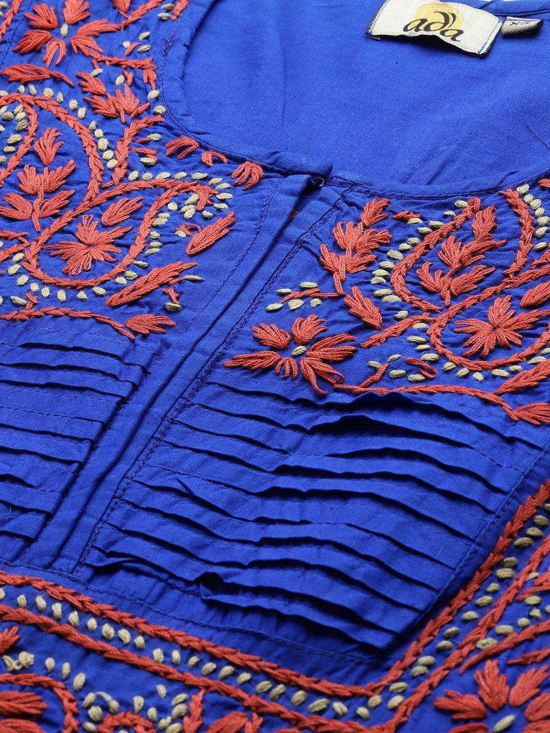 Ada Hand Embroidered Royal Blue Cotton Lucknow Chikan Kurti–A226846