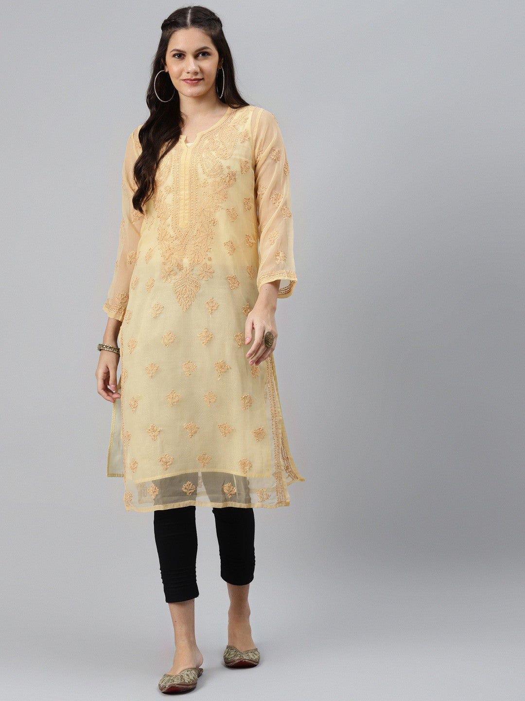 Ada Hand Embroidered Fawn Georgette Lucknowi Chikankari Straight Kurta Set With Slip A811193