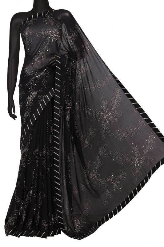 Ada Hand Embroidered Black Pure Georgette Lucknowi Chikankari Saree/Blouse with Muqaish Work A331928